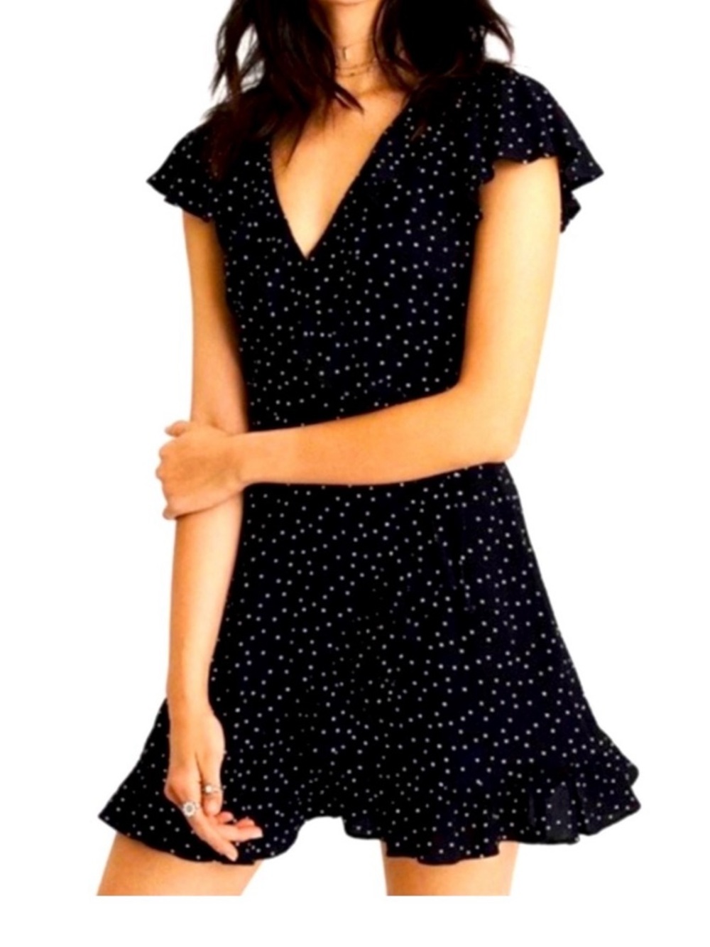 American Eagle Outfitters Black with White Polka Dot V-Neck Mini Dress
